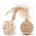 Open weave rattan cat ball next to a wrapped ball with a feather tuft