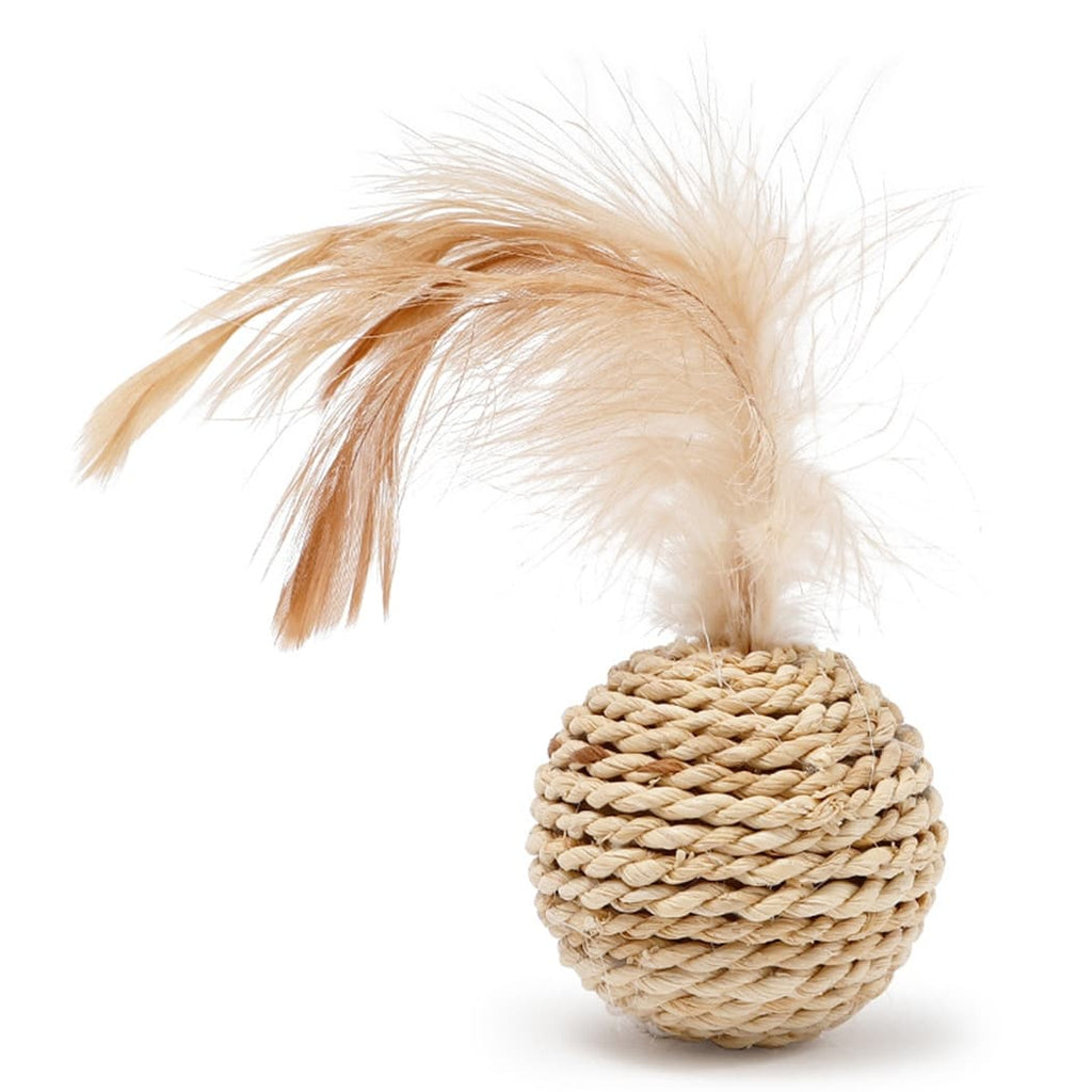 Open weave rattan cat ball next to a wrapped ball with a feather tuft