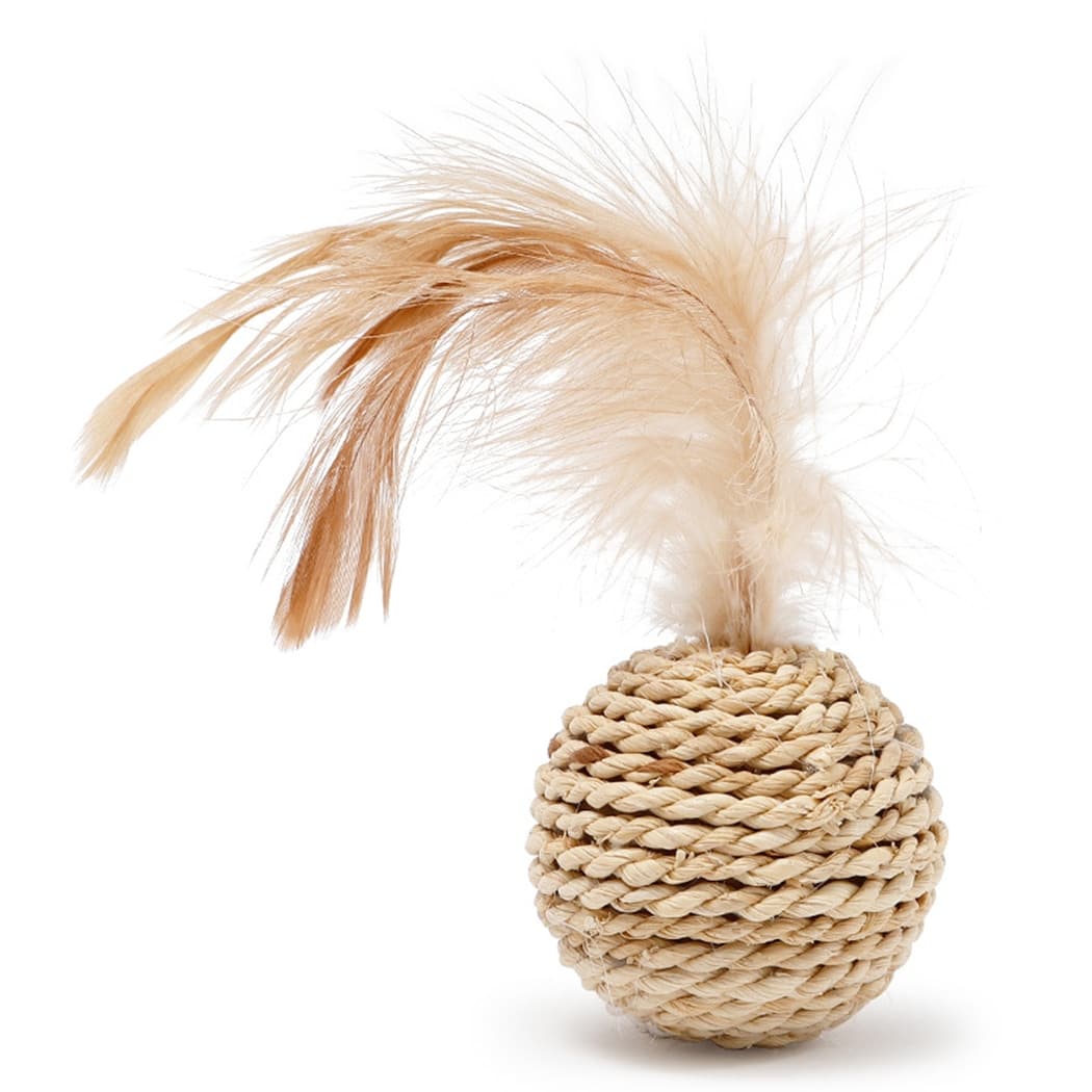 Open weave rattan cat ball next to a wrapped ball with a feather tuft