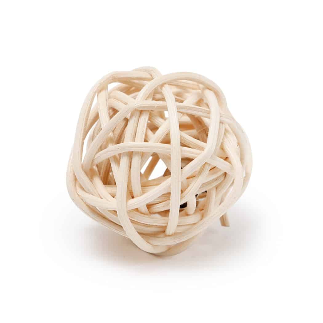 Open weave rattan cat ball next to a wrapped ball with a feather tuft