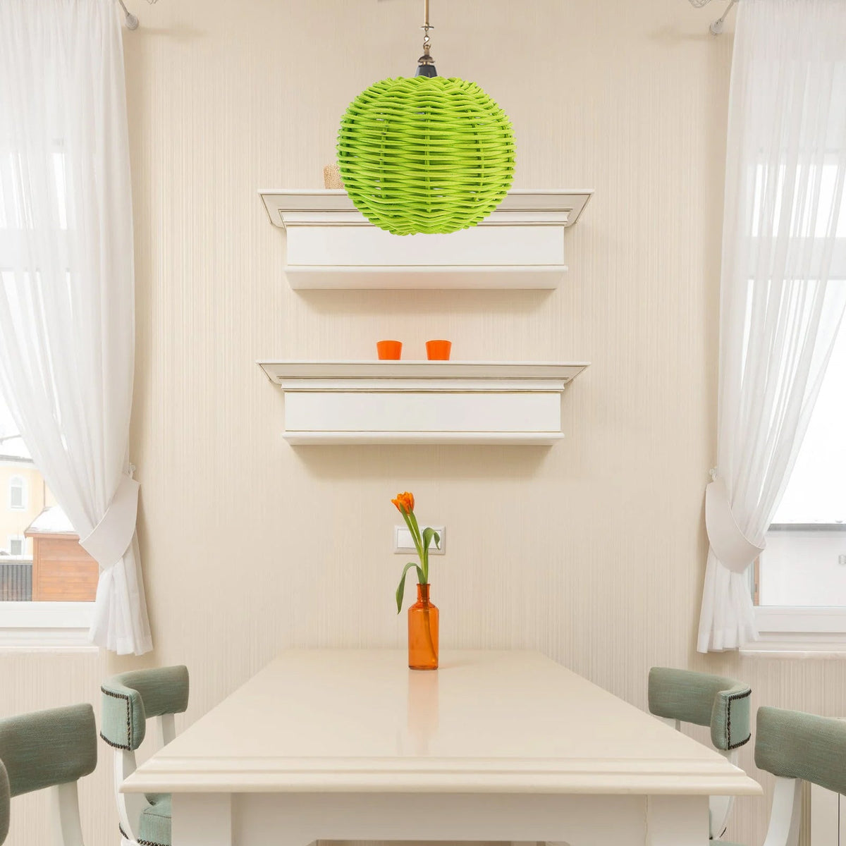 Two small woven clip on bulb shades in green or white