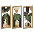 Three framed layered wood wall art panels with arches and leaves
