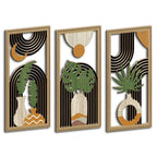 Three framed layered wood wall art panels with arches and leaves