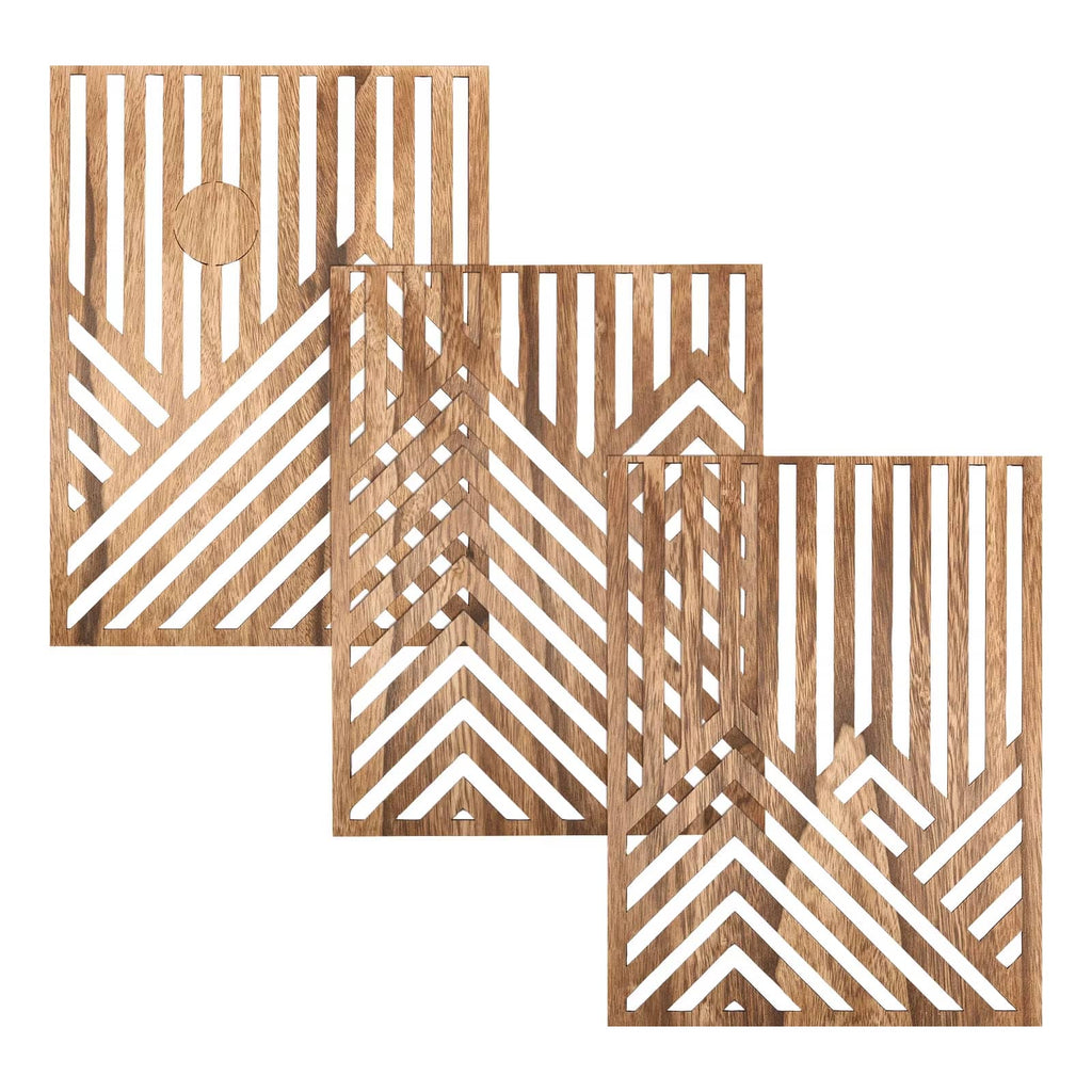 Three overlapping geometric cut out wood wall panels