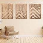 Three overlapping geometric cut out wood wall panels
