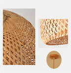Three woven rattan pendants of different shapes hung as a cluster
