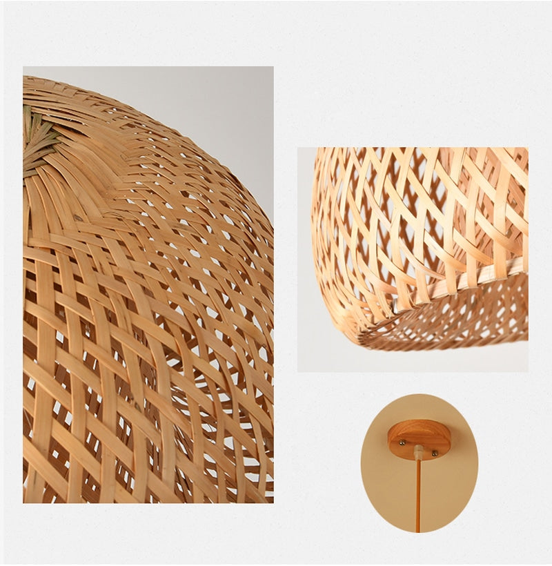 Three woven rattan pendants of different shapes hung as a cluster