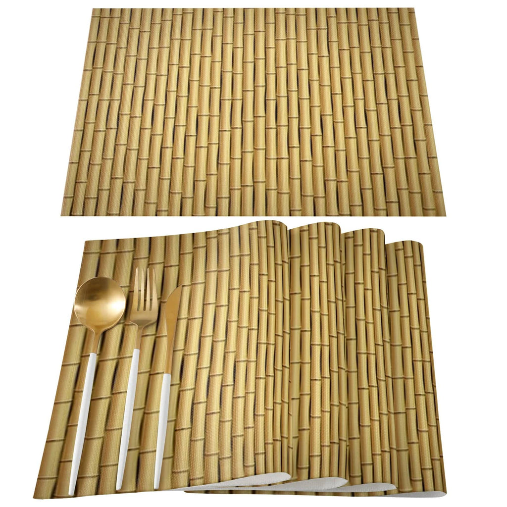 Four beige placemats with a woven bamboo look and interlaced patterns
