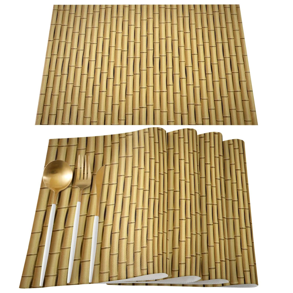 Four beige placemats with a woven bamboo look and interlaced patterns