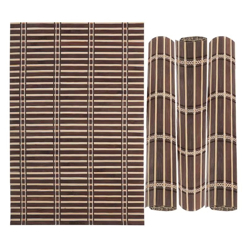 Four brown folding placemats made of woven bamboo slats
