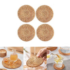 Set of four round hand woven natural rattan coasters