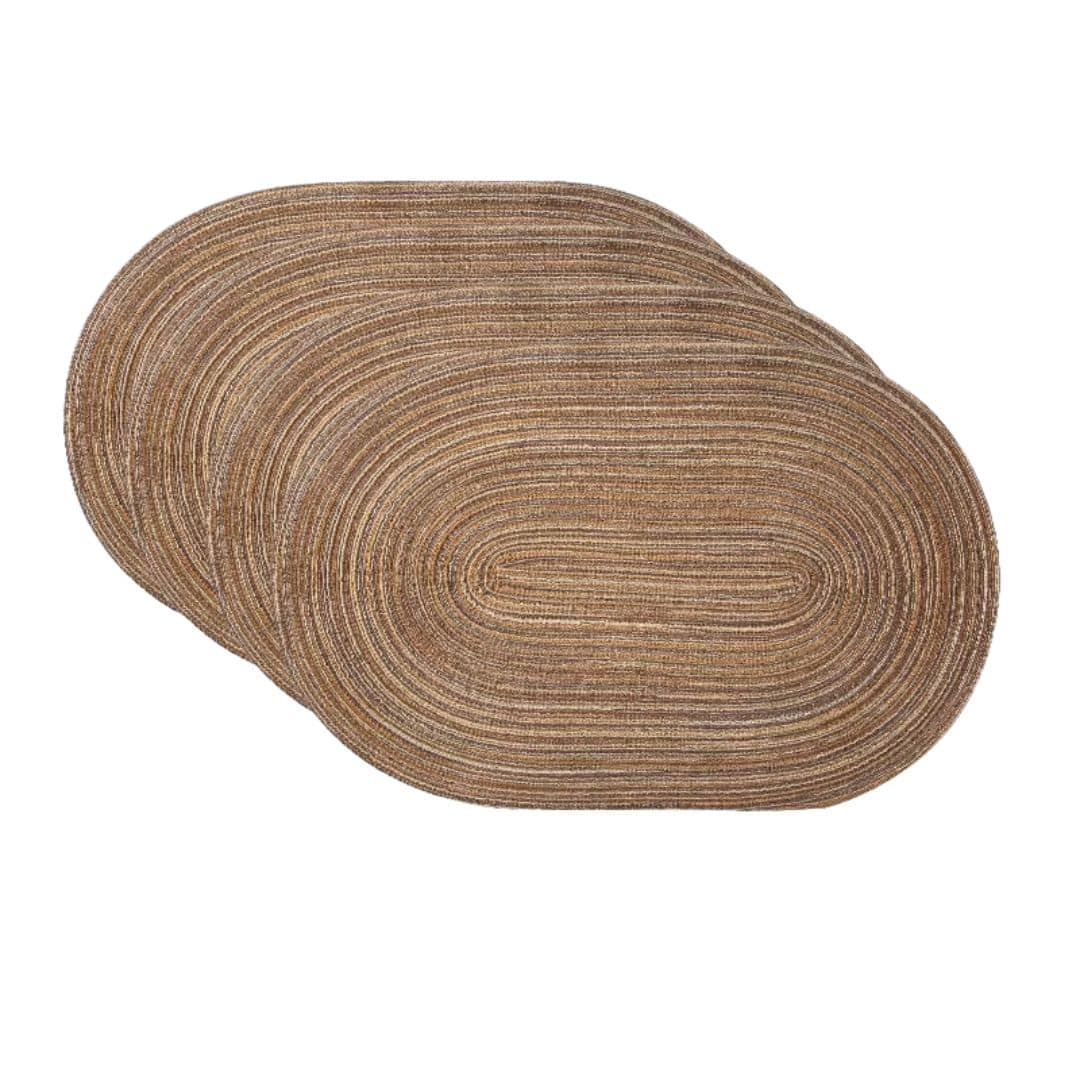 Four oval placemats with a woven straw look in natural tones