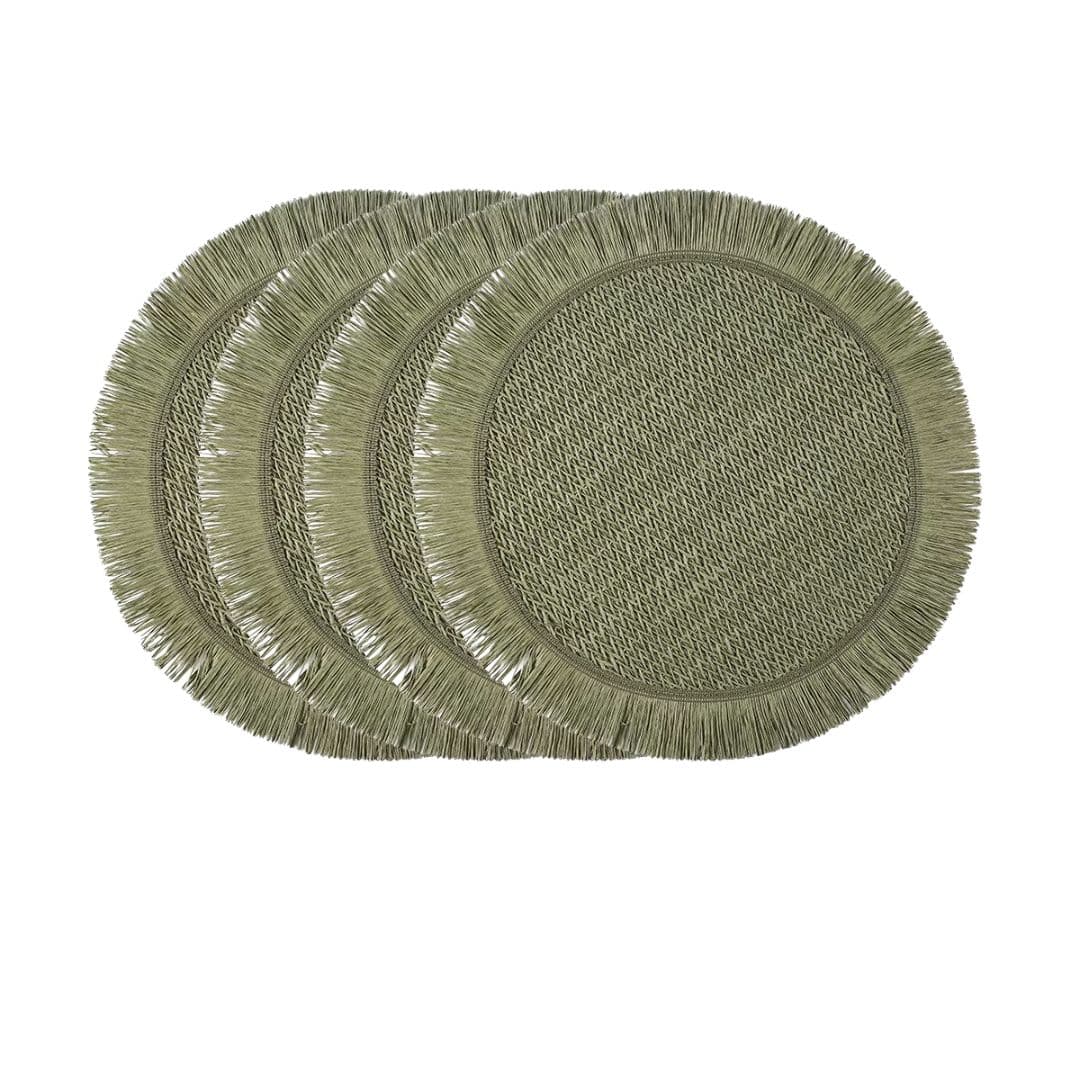 Four round pastoral placemats in woven paper with a straw look, pink or green