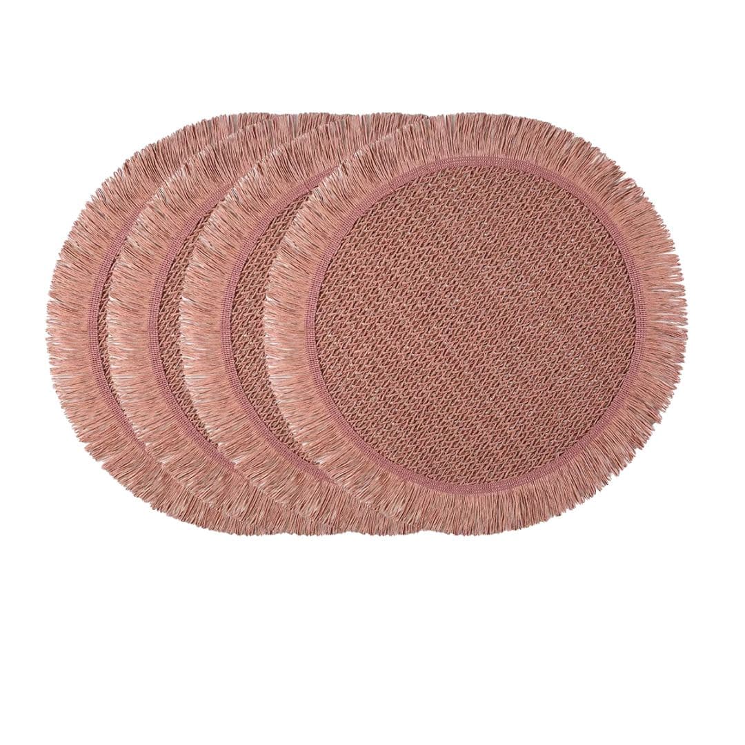 Four round pastoral placemats in woven paper with a straw look, pink or green