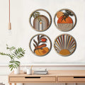 Four round layered wood wall art pieces with boho sun and leaf designs