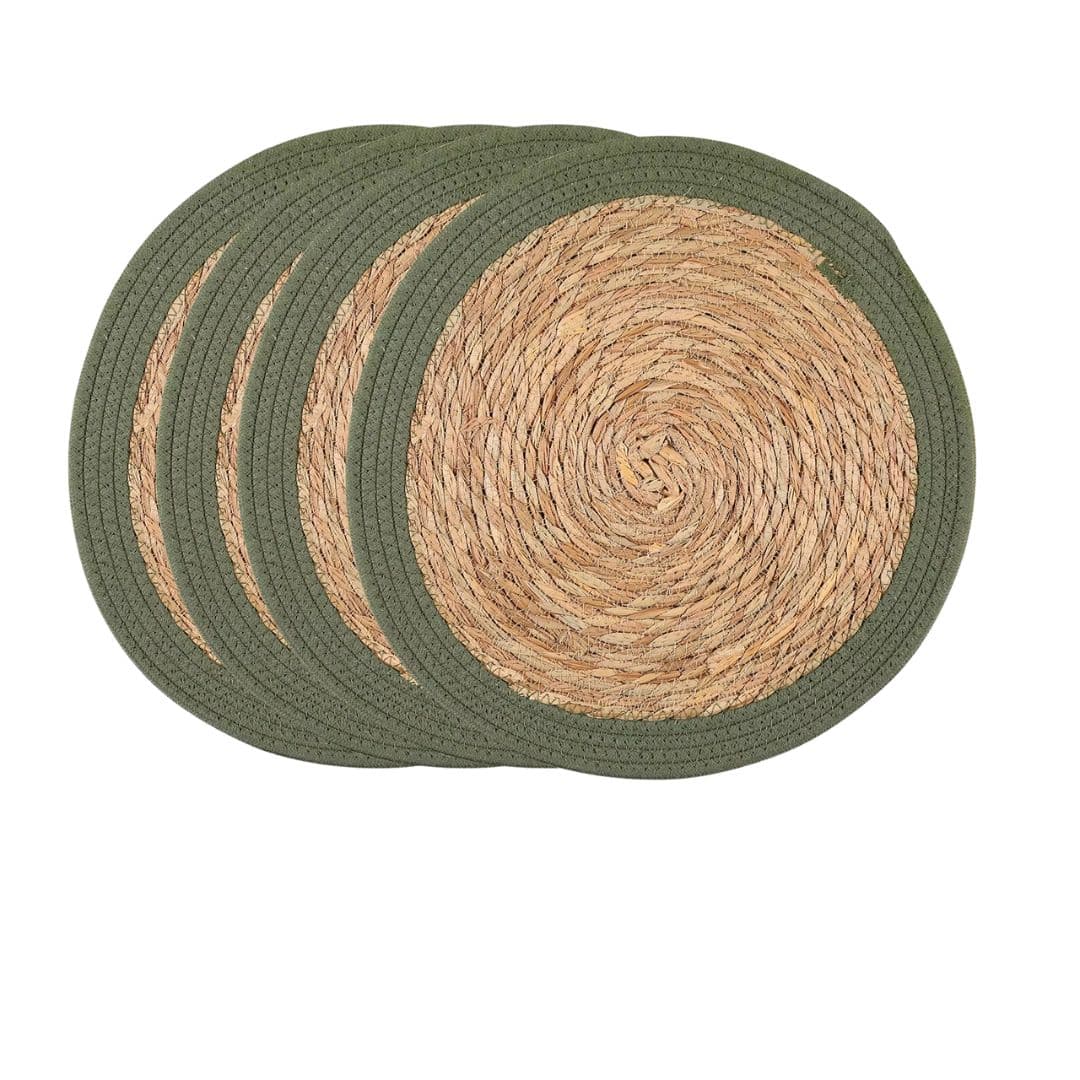 Four round vintage placemats hand woven in golden natural straw