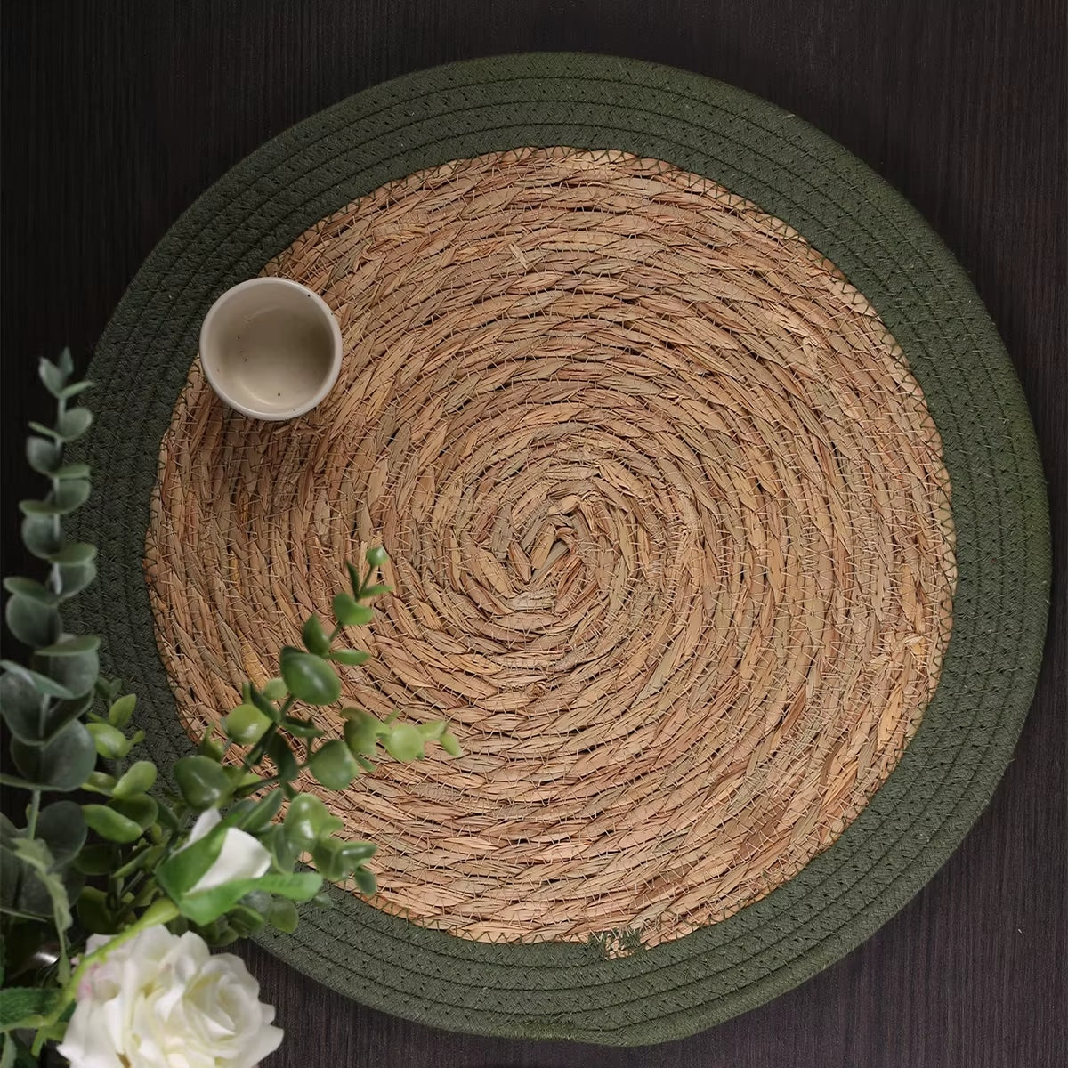 Four round vintage placemats hand woven in golden natural straw