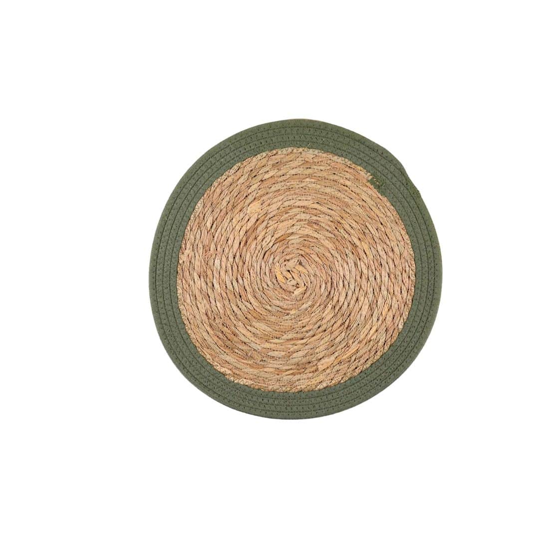 Four round vintage placemats hand woven in golden natural straw