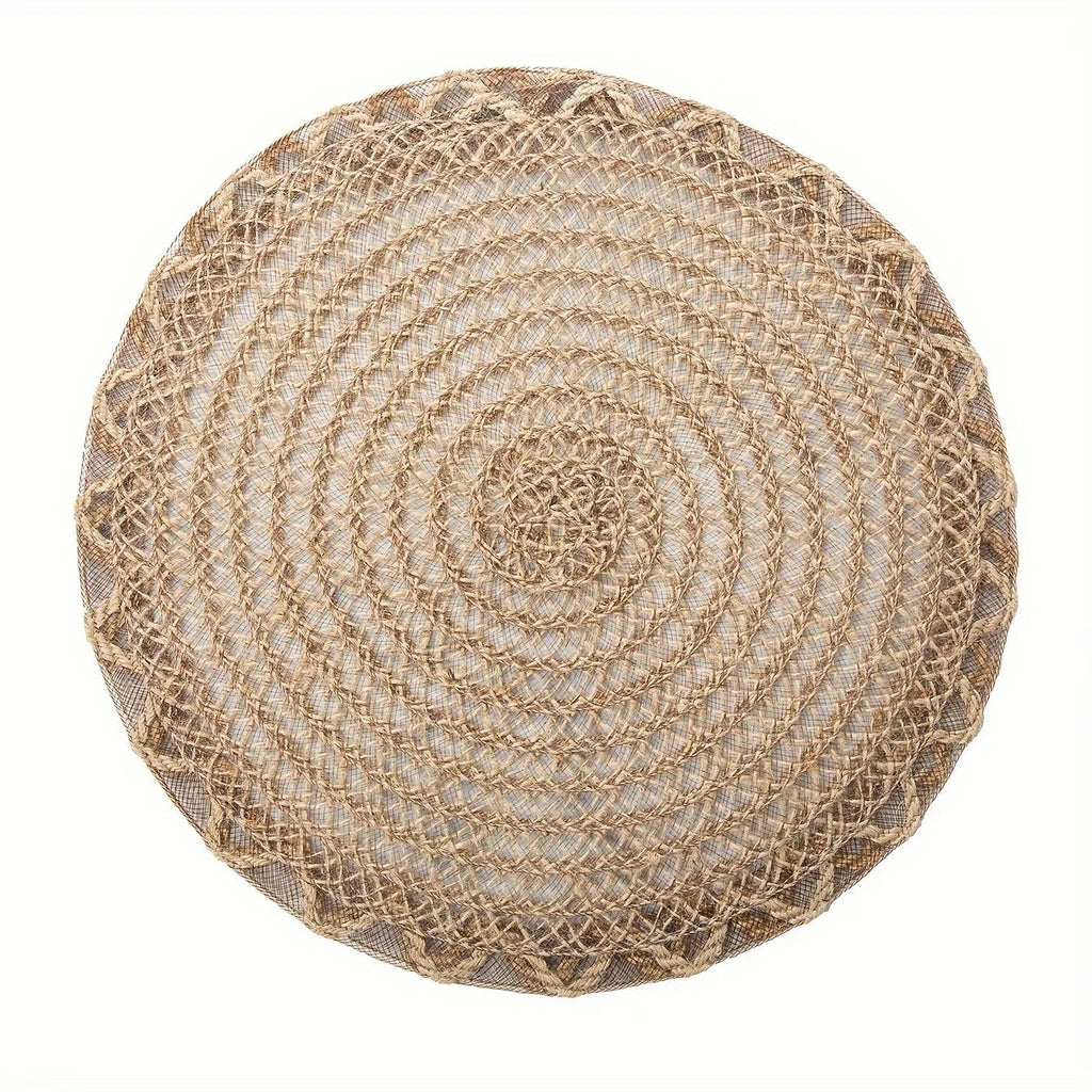 Four round woven linen placemats with a wavy edge in warm brown