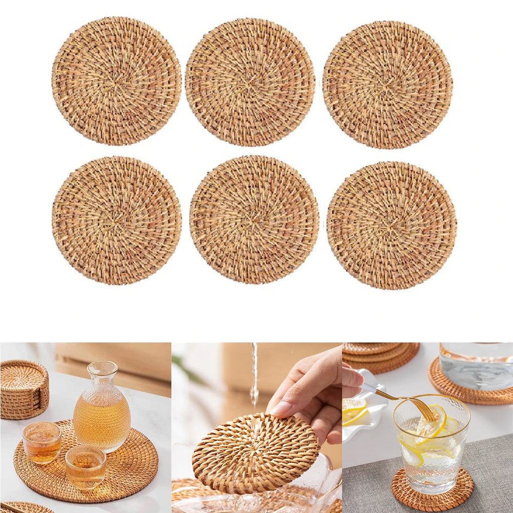 Set of six round hand woven natural rattan coasters