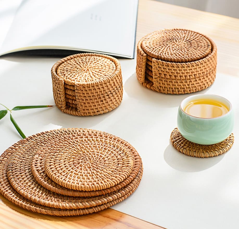 Set of six round hand woven natural rattan coasters