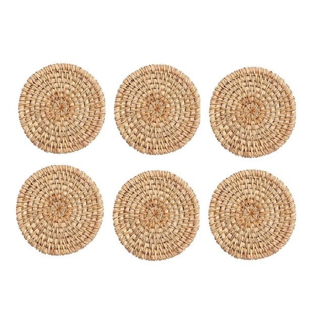 Set of six round hand woven natural rattan coasters