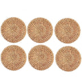 Set of six round hand woven natural rattan coasters
