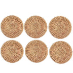 Set of six round hand woven natural rattan coasters