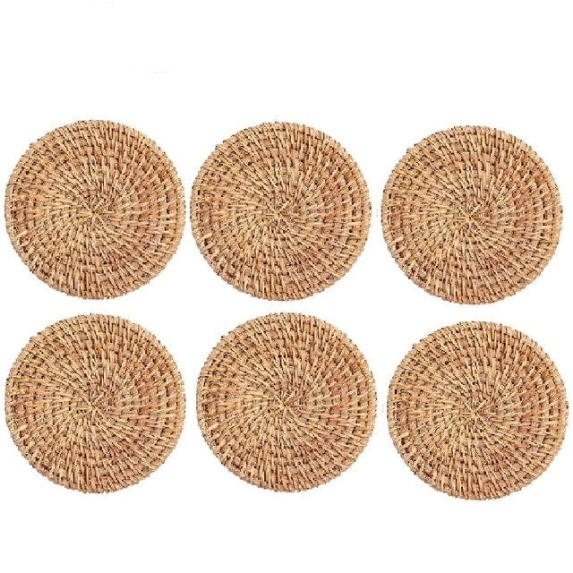 Set of six round hand woven natural rattan coasters