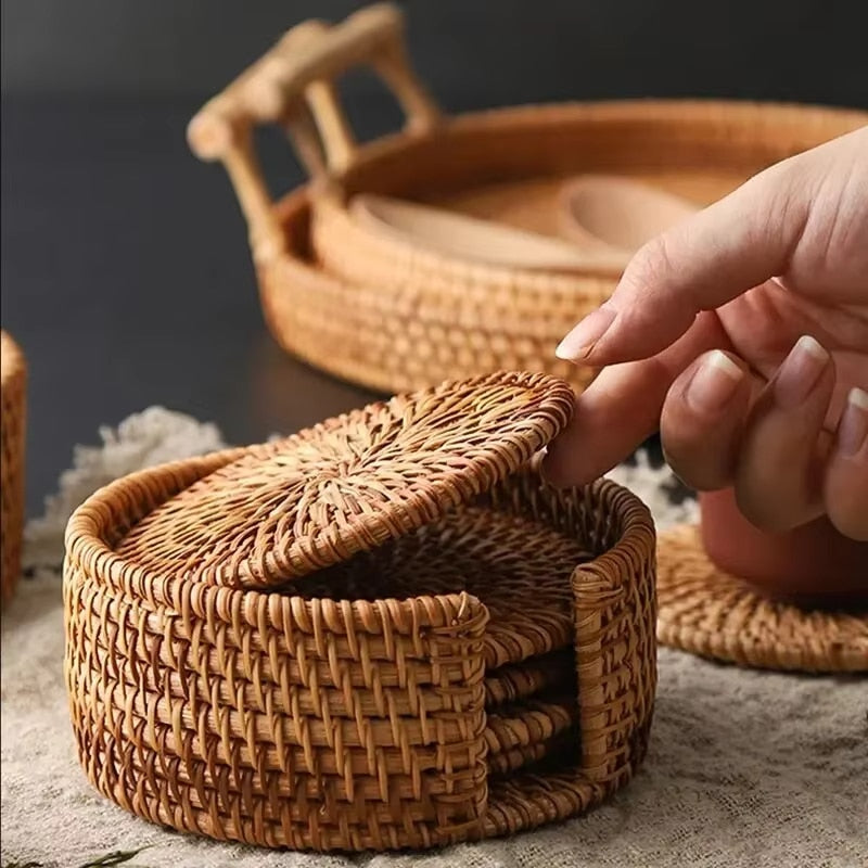 Set of six round hand woven natural rattan coasters