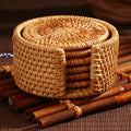 Set of six thick hand woven rattan drink coasters