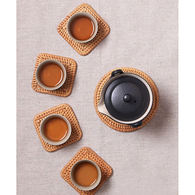 Set of six thick hand woven rattan drink coasters