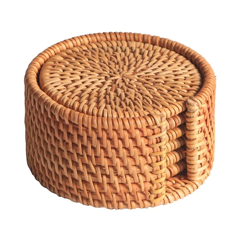 Set of six thick hand woven rattan drink coasters