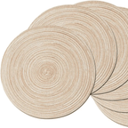 Six round beige coasters with a woven rattan look