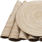 Six round beige coasters with a woven rattan look