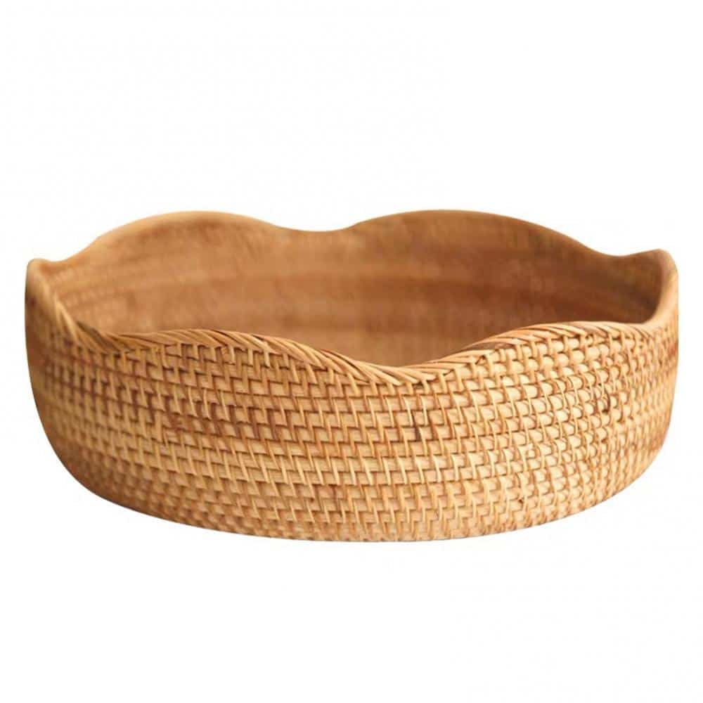 Shallow round honey rattan baskets with wavy rims