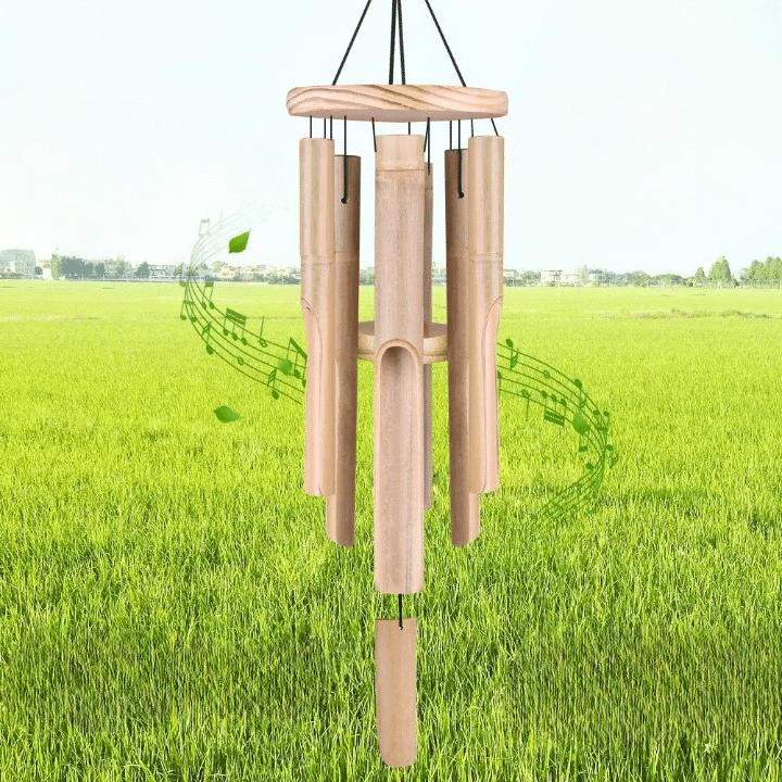 Natural bamboo wind chime with six tubes around a central striker