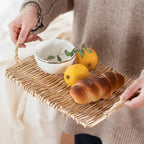 Slim rectangular rattan tray with built in handles