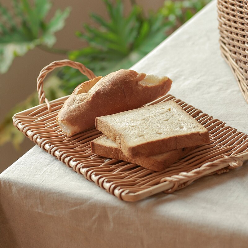 Slim rectangular rattan tray with built in handles