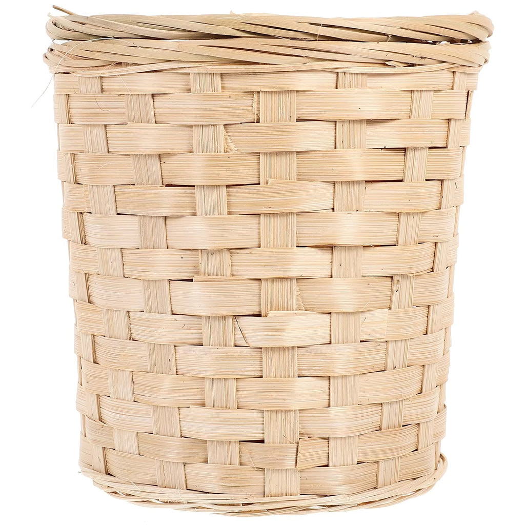 Small round woven bamboo wastebasket with a fitted lid