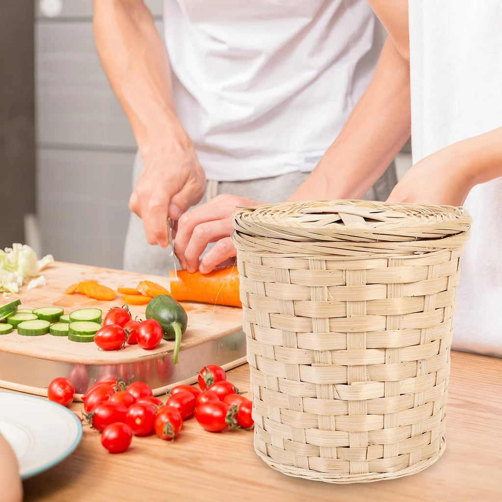 Small round woven bamboo wastebasket with a fitted lid