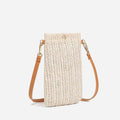 Small rounded beige hand woven rattan crossbody bag with a button closure