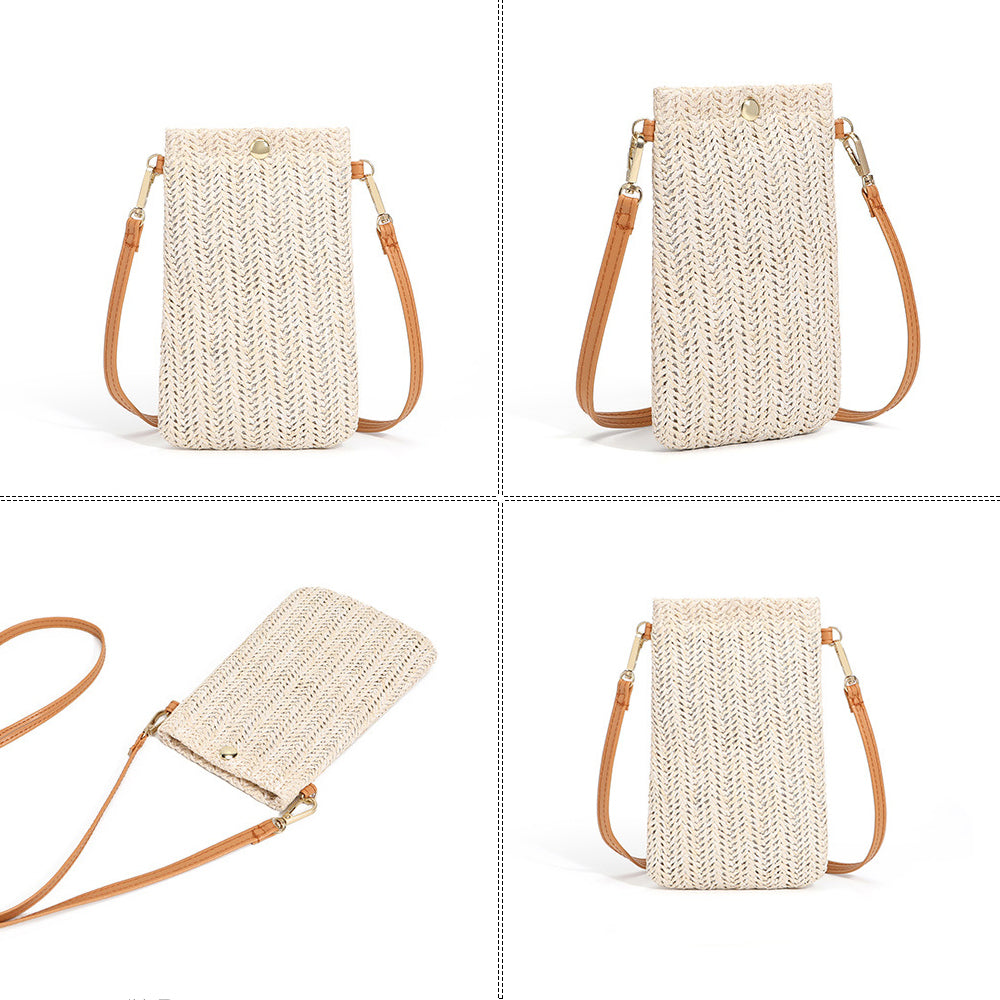 Small rounded beige hand woven rattan crossbody bag with a button closure