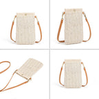 Small rounded beige hand woven rattan crossbody bag with a button closure