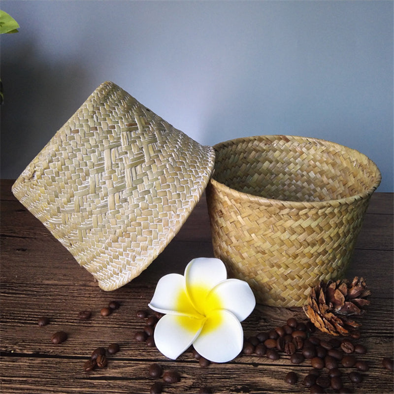 Small round handmade woven rattan planter in white or brown