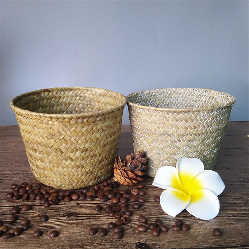 Small round handmade woven rattan planter in white or brown