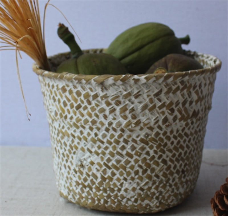 Small round handmade woven rattan planter in white or brown