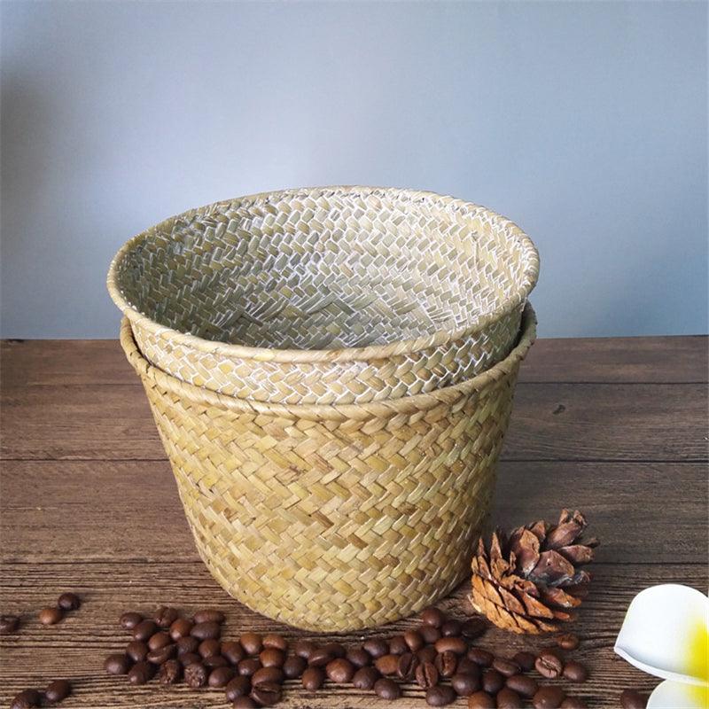 Small round handmade woven rattan planter in white or brown