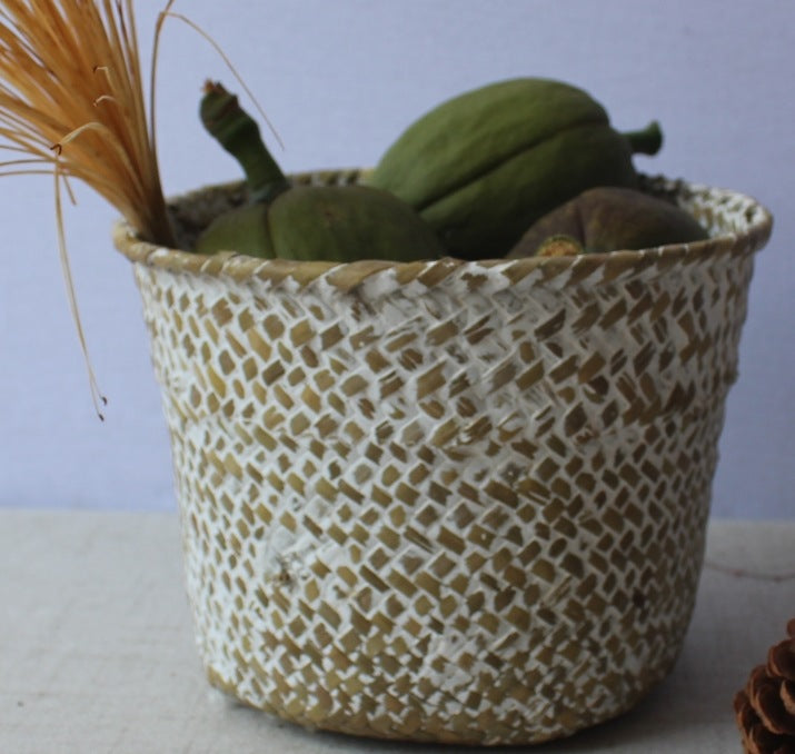Small round handmade woven rattan planter in white or brown