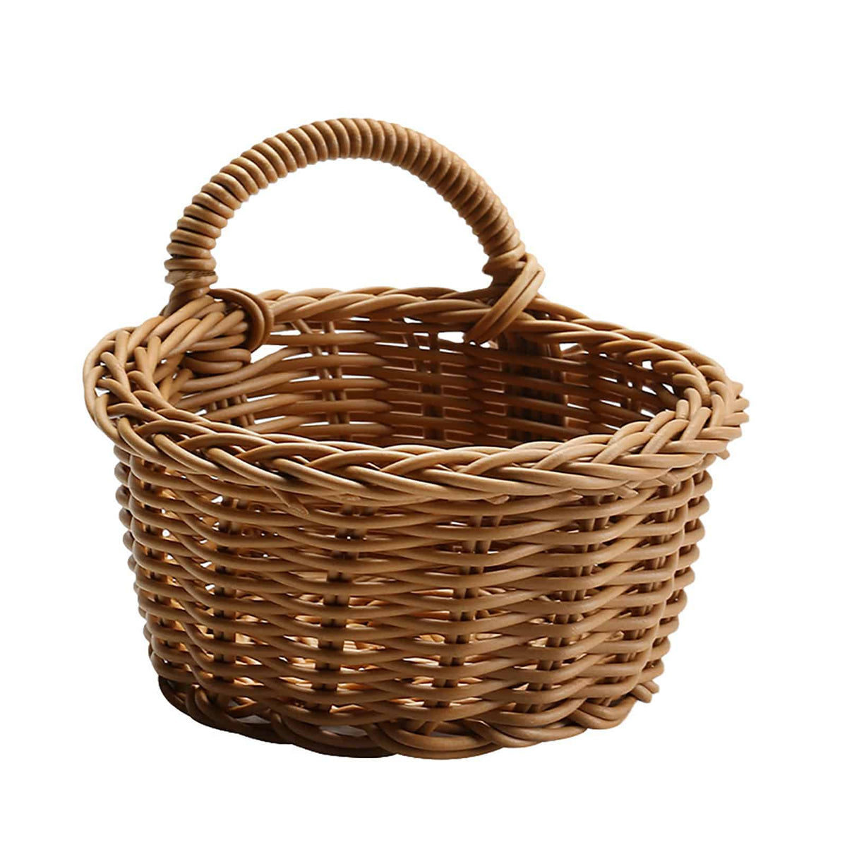Small wicker basket hanging on a wall by its handle